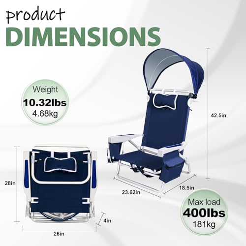 Romswi Navy Blue Extra Wide Beach Chair with Canopy & Cooler Bag - 2 Pack