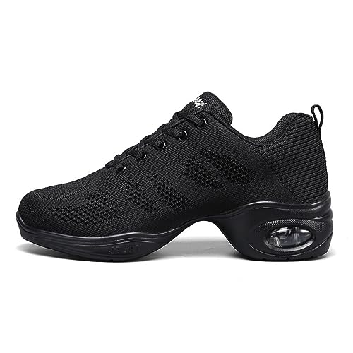 Women's Air Cushion Jazz Dance Sneakers - Breathable Mesh, Thick Sole, Black, Size 7