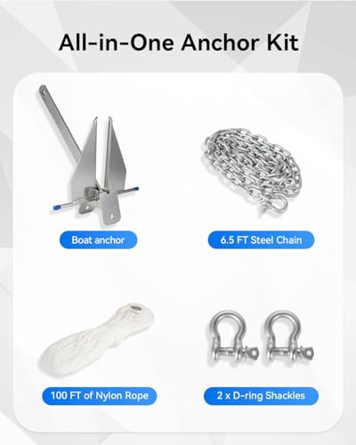 13 lb Boat Anchor Kit with Chain Rope and Shackles for 20-32 ft Boats