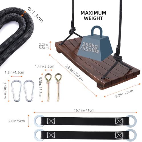 Pelior Brown Wood Swing Seat for Adults & Kids, 23.6 x 9.8 Inch Outdoor Porch & Backyard Play, Waterproof & Heavy-Duty 550 lbs