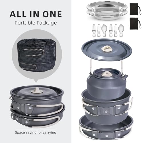 13-Piece Camping Cookware Set for 2 with Pot, Kettle, and Tableware