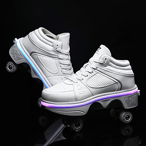 KOFUBOKE 8 High White 2-in-1 Unisex Roller Skates & Sneakers with Retractable Wheels