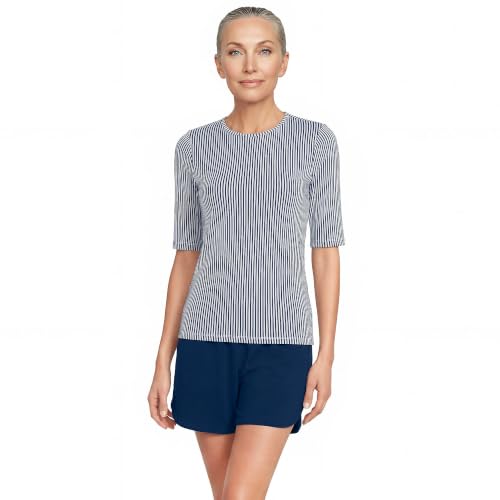 Women's Elbow Sleeve Rash Guard - Deep Sea Navy Mini Stripe, Large