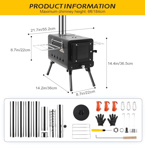 Portable Wood Burning Tent Stove with 7-Section Adjustable Chimney for Camping & Hunting