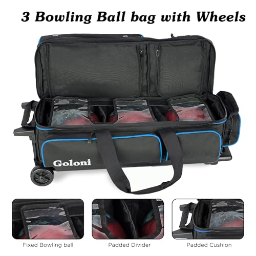 Goloni Blue 3-Ball Bowling Bag with Wheels & Retractable Handle – Large Capacity