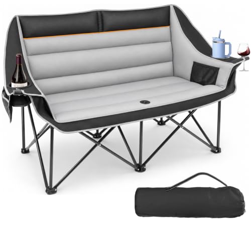 Heavy Duty Double Camping Chair - 660lbs Capacity, Foldable 2 Person Outdoor Seat - Black Gray