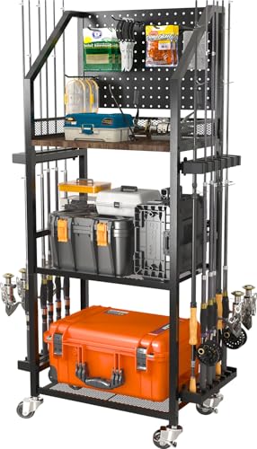 Fishing Rod Holders for Garage - Holds Up to 12 Rods with Pegboard Hooks - Black, 3-Sided with 6 Hooks