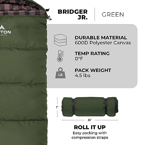 Kids Sleeping Bag - Teton Junior 0°F Green for Camping & Sleepovers