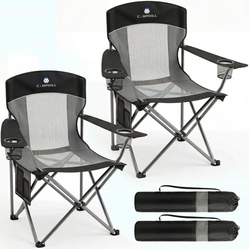 CAMPHILL Black 2-Pack Oversized Mesh Back Camping Chairs with Cup Holder & Side Pocket