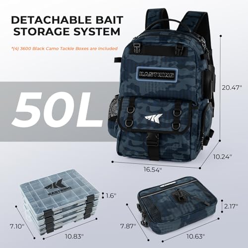 KastKing BaitSpace 50L Fishing Backpack with 4 Tackle Boxes & Rod Holders, Blue Camo