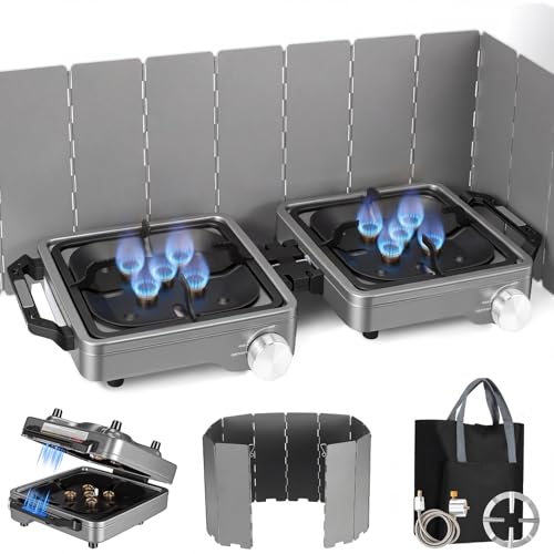 2-Burner Portable Propane Camping Stove with Windshield, 30,000 BTU Foldable Gas Cooktop
