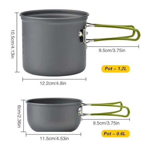 Camping Cookware Mess Kit with Foldable Handles, Lightweight Non-Stick Pot Set