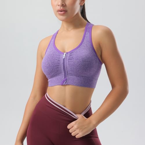 Women’s Seamless Wireless Medium Support Sports Bras – Large, Black Purple Grey