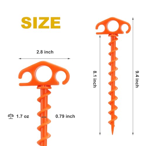 Heavy Duty Spiral Tent Stakes Ground Anchors - 6 Pack Orange, 9.4 Inch