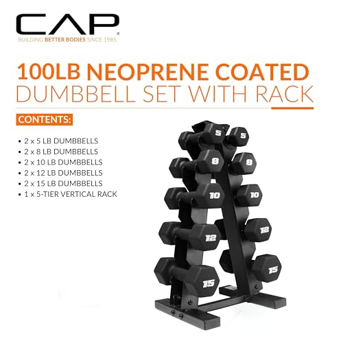 CAP 100 lb Neoprene Dumbbell Set with Rack - Non-Slip Hex Design