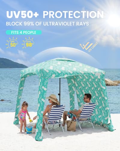 Beach Cabana Tent with Side Wall - UPF 50+ Sun Shelter 6x6 ft - Pineapple Jungle / Simple