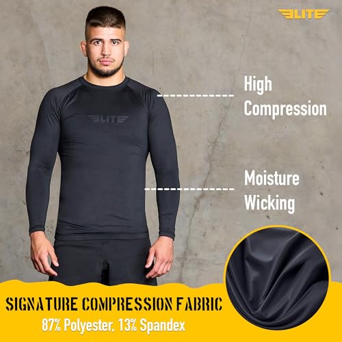 Elite Sports Men's Jiu Jitsu Rash Guard Long Sleeve Compression Shirt - Large Black Pack of 3