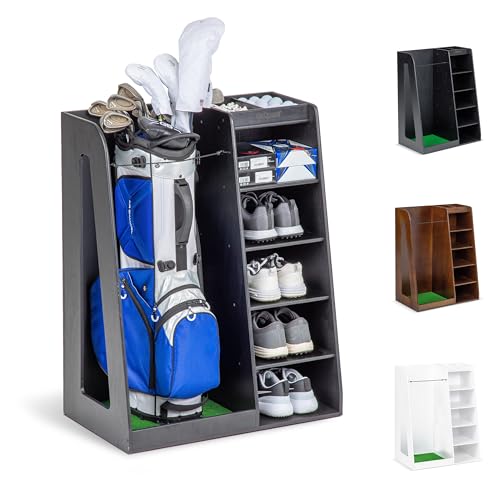 Black Wooden Golf Bag Organizer with Shelves - Storage Rack for Golf Accessories