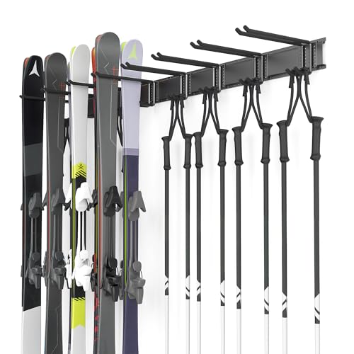 Ultrawall Wall-Mounted Ski Rack with 8 Adjustable Hooks, Holds 16 Pairs of Skis