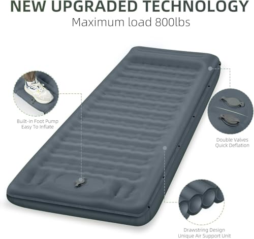 FNARMW Extra Thick Camping Sleeping Pad - 5 Inch Inflatable Mattress with Built-in Pillow & Foot Pump - Gray