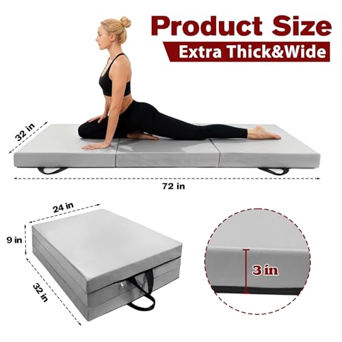 CRAURU Extra Thick 3-Inch Yoga Mat Grey 72x32 Inch Non-Slip Exercise Mat for Pilates & Fitness