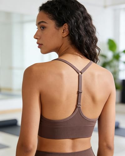 Women's Sports Bras Deep V Neck Adjustable Y Back Spaghetti Strap Racerback Padded Wireless Yoga Workout Tops - 3 Pack, Medium, Black White Brown