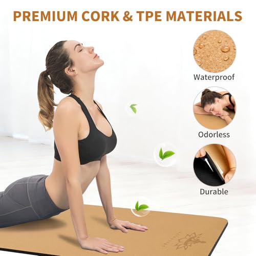Hatha Yoga Extra Long 78x32 Inch Natural Cork & TPE Yoga Mat - Extra Thick, Non-Slip