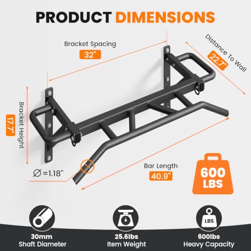 Heavy Duty Wall-Mounted Pull Up Bar 600 lbs Capacity, 14 Grip Positions for Home Gym