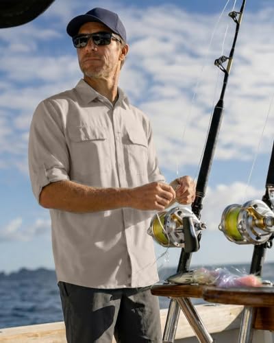 Men's UPF 50+ Long Sleeve Fishing Shirt - Khaki, Large, Sun Protection Hiking Tee