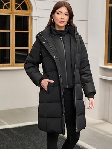 Women's Medium Black Winter Puffer Coat with Fleece Lining & Hooded Belt - Haianguoji