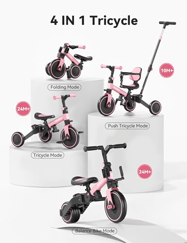 Pink 4-in-1 Toddler Tricycle with Push Handle for 1-3 Year Olds, Baby Balance & Ride Bike