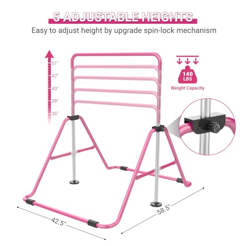 Pink Foldable Kids Gymnastics Bar with 5-Height Adjustable Support for Home, Includes Rings