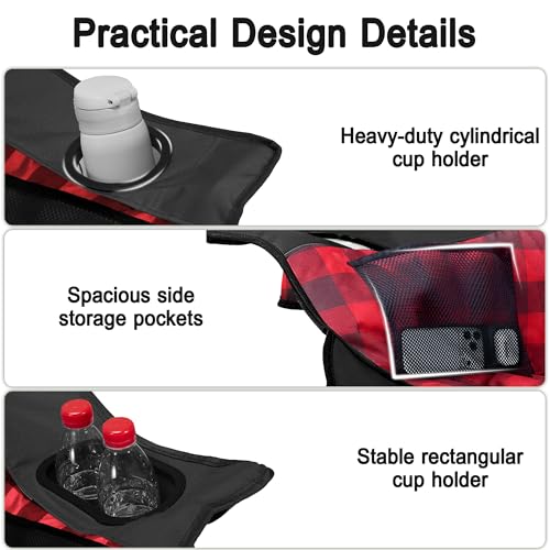 Youtanic Oversized Foldable Camping Chair 400lbs with Padded Seat & Side Pockets, Red-Black, 40.5"L x 28"W
