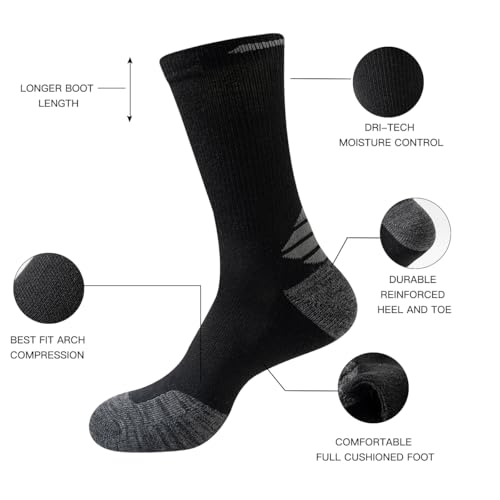 Men's Lightweight Long Cushion Athletic Work Socks - Black 10 Pairs Large