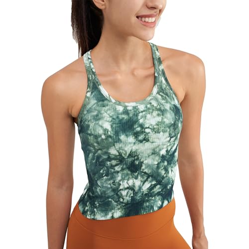 Seamless Ribbed Workout Racerback Tank Top with Built-in Bra for Women