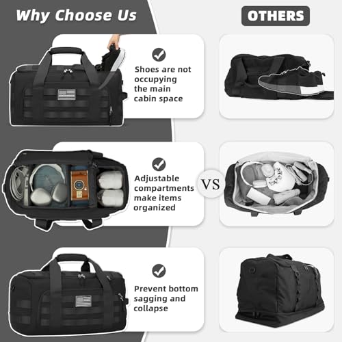 ZOMFELT 3-in-1 Large Gym Duffle Bag Black 65L Travel & Tactical Bag