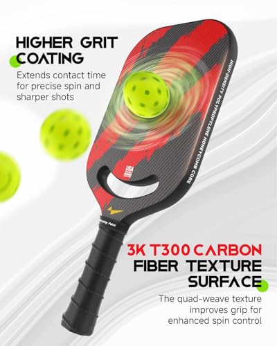 Red Carbon Fiber Pickleball Paddle - Aero Throat, Textured Grit Surface, Hexa Core - Warping Point 16mm