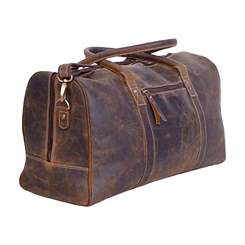 KomalC Buffalo Distressed Tan Leather Travel Duffle Bag - Cabin Carry-On for Men & Women