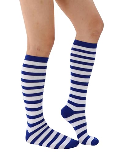 Women's Casual Striped Knee High Athletic Socks - Royal Blue & White, One Size