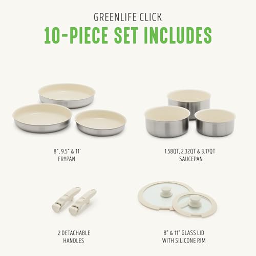 GreenLife Stainless Steel Nonstick 10-Piece Cookware Set with Detachable Handles - Induction Ready, Space Saving, Oven Safe, Glass Lids