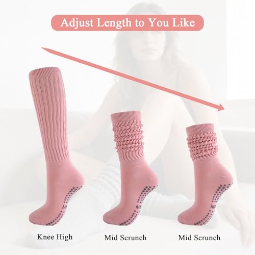 Pilates Socks with Grips for Women - Yoga Barre Slouch Scrunch Socks - White, Black, Khaki, Gray, Pink, Beige - Variation 2