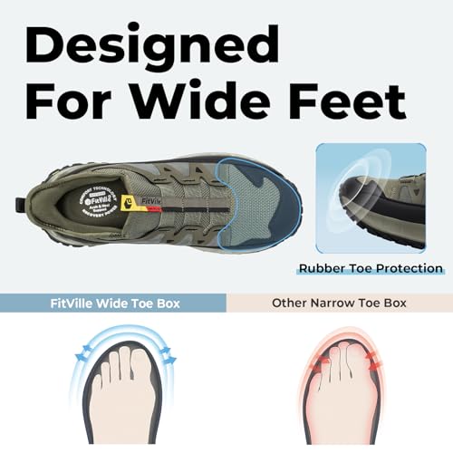 FitVille Extra Wide Slip-On Sneakers for Men - Khaki Green, 11.5 X-Wide, Comfortable Hiking & Walking Shoes with Arch Support