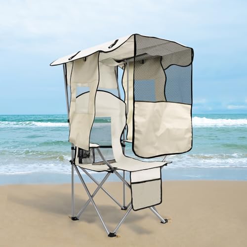 ptlsy White Portable Folding Camping Chair with Canopy Shade for Adults