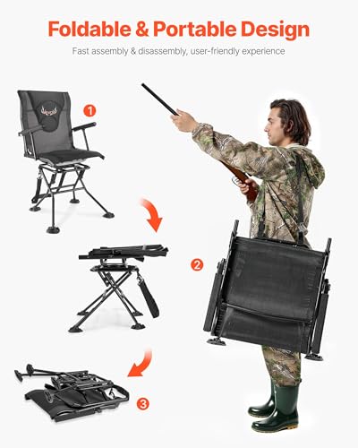VEVOR Foldable Hunting Chair with 360° Silent Swivel, Adjustable Height Portable Ground Stool for Camping & Fishing