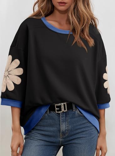 Large Womens Sweatshirt with Floral Patch 3/4 Sleeve Fall Top - Black