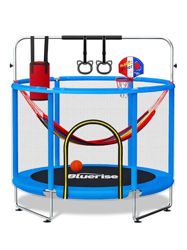 Blue 6-in-1 60-Inch Indoor & Outdoor Kids Trampoline with Enclosure, Safety Net & Accessories