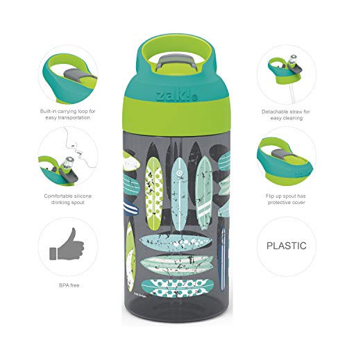 Kids Water Bottles 16oz Set with Straw & Carry Loop - Beach Life & Surfing Boards Design
