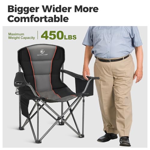 ALPHA CAMP Grey/Black 2-Pack Oversized Camping Folding Chairs with Lumbar Support