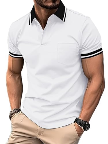 Mens Polo Shirt Short Sleeve with Pocket – Classic Collared Golf Style, White, Medium