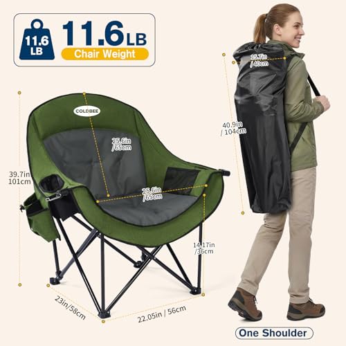 Coldbee Oversized Green Camping Chair with Padded Headrest & Cooler, Heavy Duty 500lb Capacity